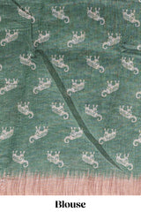 Green floral & elephant motifs linen cotton with contrast border and matching blouse