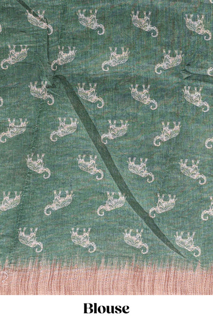 Green floral & elephant motifs linen cotton with contrast border and matching blouse