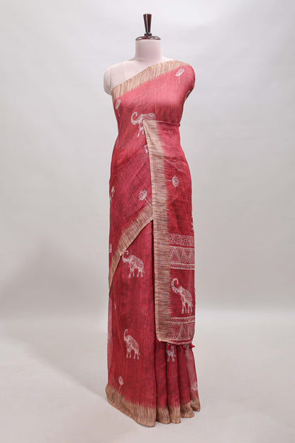 Red floral & elephant motifs linen cotton with contrast border and matching blouse