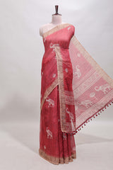 Red floral & elephant motifs linen cotton with contrast border and matching blouse