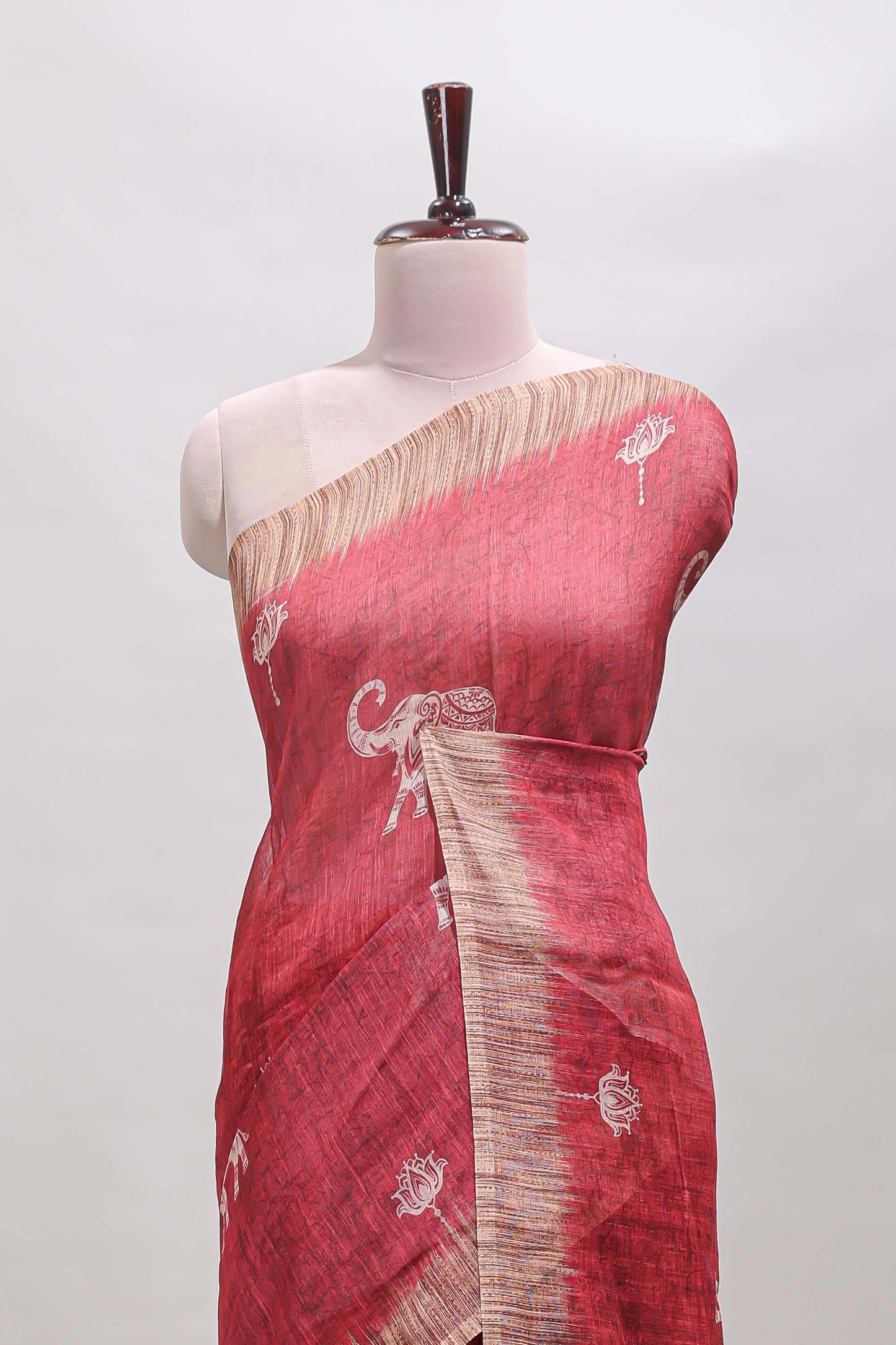 Red floral & elephant motifs linen cotton with contrast border and matching blouse