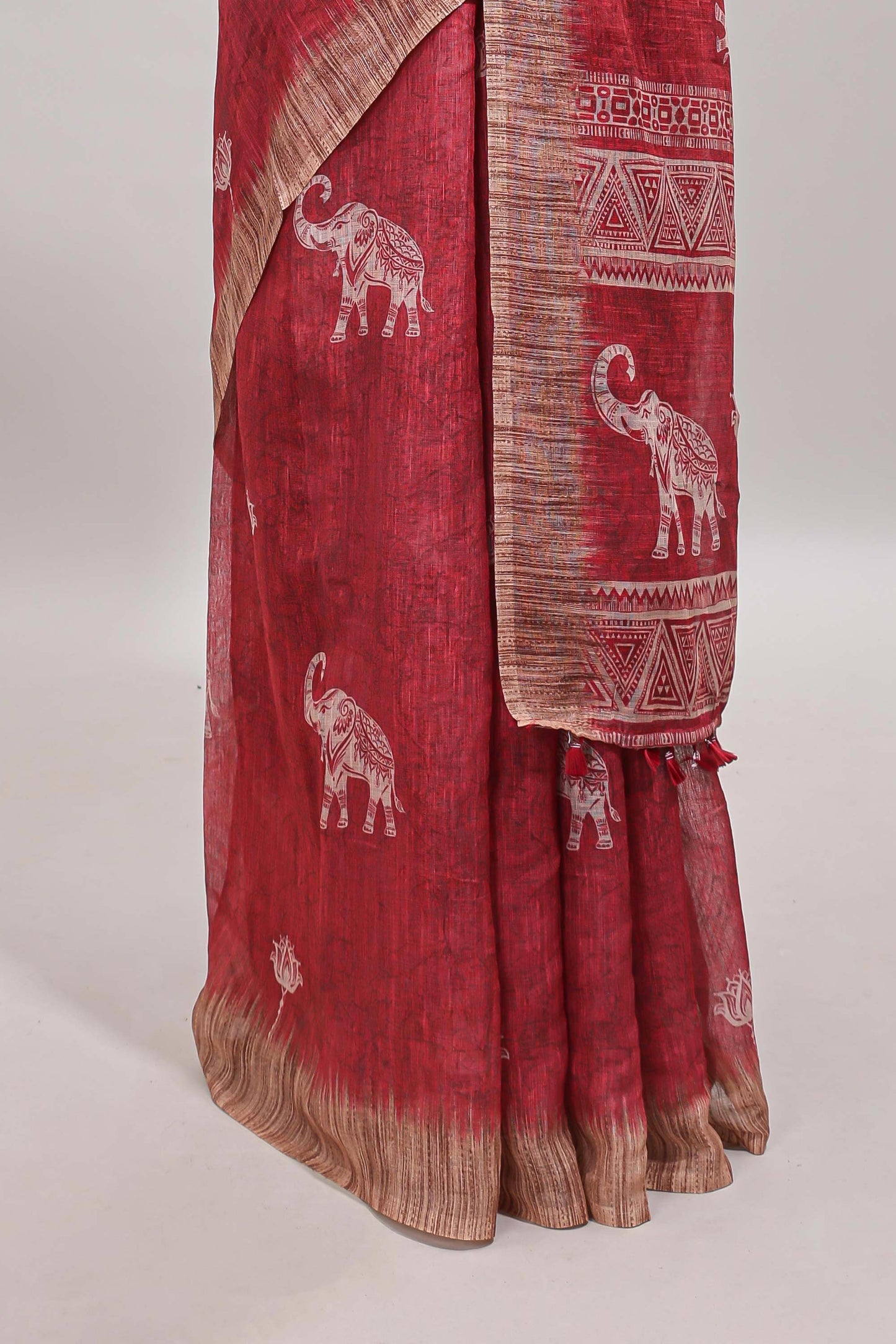 Red floral & elephant motifs linen cotton with contrast border and matching blouse