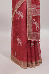 Red floral & elephant motifs linen cotton with contrast border and matching blouse