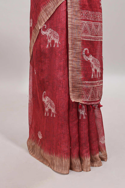 Red floral & elephant motifs linen cotton with contrast border and matching blouse