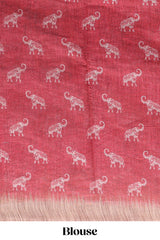 Red floral & elephant motifs linen cotton with contrast border and matching blouse