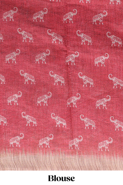 Red floral & elephant motifs linen cotton with contrast border and matching blouse
