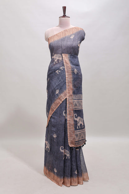 Grey floral & elephant motifs linen cotton with contrast border and matching blouse