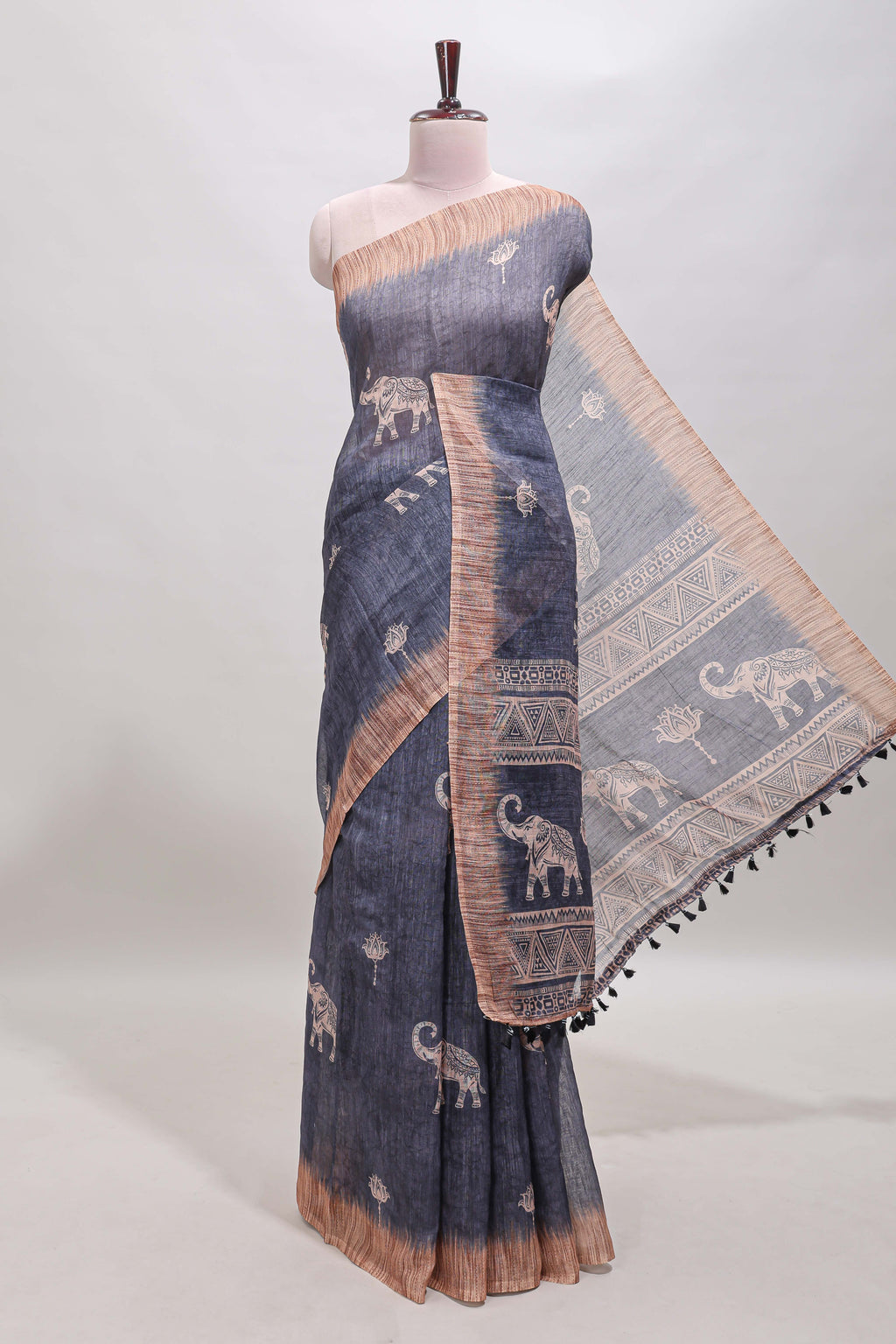 Grey floral & elephant motifs linen cotton with contrast border and matching blouse