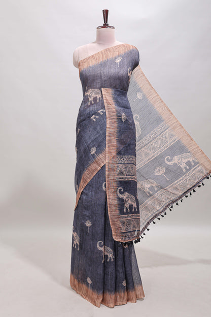 Grey floral & elephant motifs linen cotton with contrast border and matching blouse