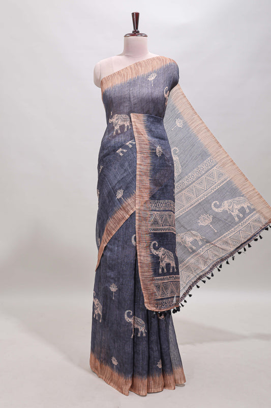 Grey floral & elephant motifs linen cotton with contrast border and matching blouse