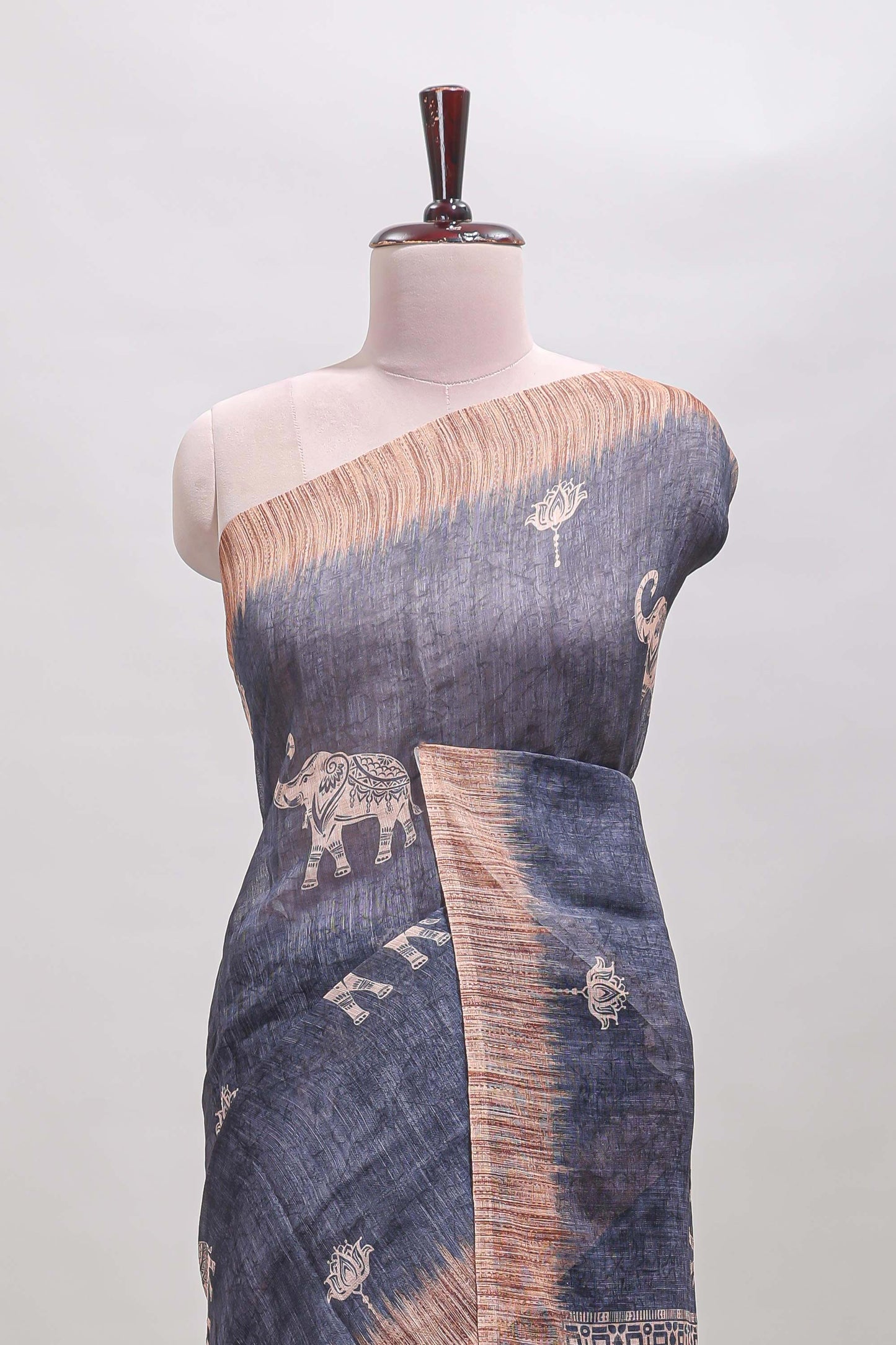 Grey floral & elephant motifs linen cotton with contrast border and matching blouse