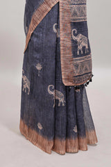 Grey floral & elephant motifs linen cotton with contrast border and matching blouse