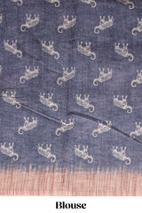 Grey floral & elephant motifs linen cotton with contrast border and matching blouse