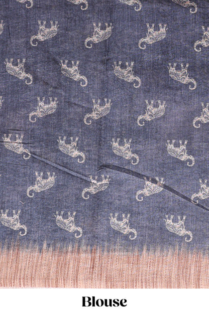 Grey floral & elephant motifs linen cotton with contrast border and matching blouse