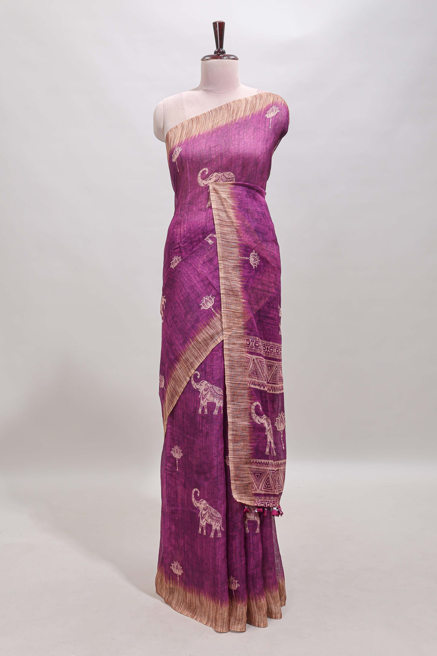 Magenta floral & elephant motifs linen cotton with contrast border and matching blouse