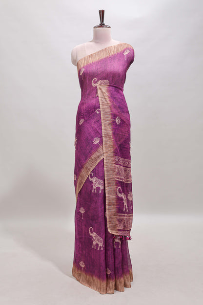 Magenta floral & elephant motifs linen cotton with contrast border and matching blouse