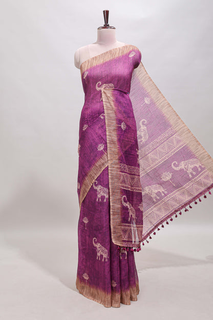 Magenta floral & elephant motifs linen cotton with contrast border and matching blouse