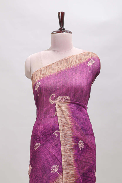 Magenta floral & elephant motifs linen cotton with contrast border and matching blouse