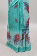 Green peacock feather motifs linen cotton saree with self border and matching blouse