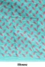 Green peacock feather motifs linen cotton saree with self border and matching blouse