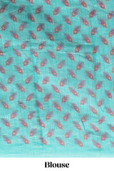 Green peacock feather motifs linen cotton saree with self border and matching blouse