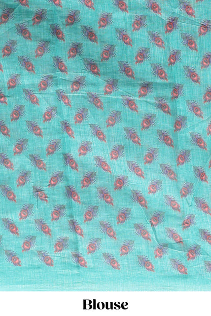 Green peacock feather motifs linen cotton saree with self border and matching blouse
