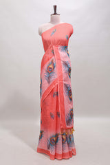 Orange peacock feather motifs linen cotton saree with self border and matching blouse