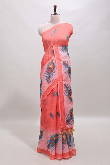 Orange peacock feather motifs linen cotton saree with self border and matching blouse