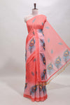 Orange peacock feather motifs linen cotton saree with self border and matching blouse
