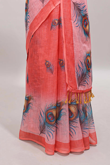 Orange peacock feather motifs linen cotton saree with self border and matching blouse