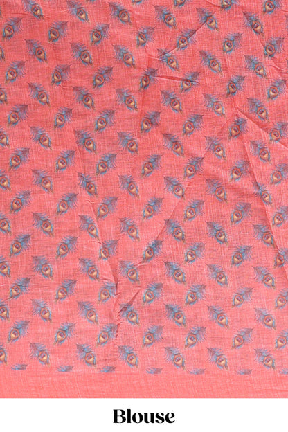 Orange peacock feather motifs linen cotton saree with self border and matching blouse