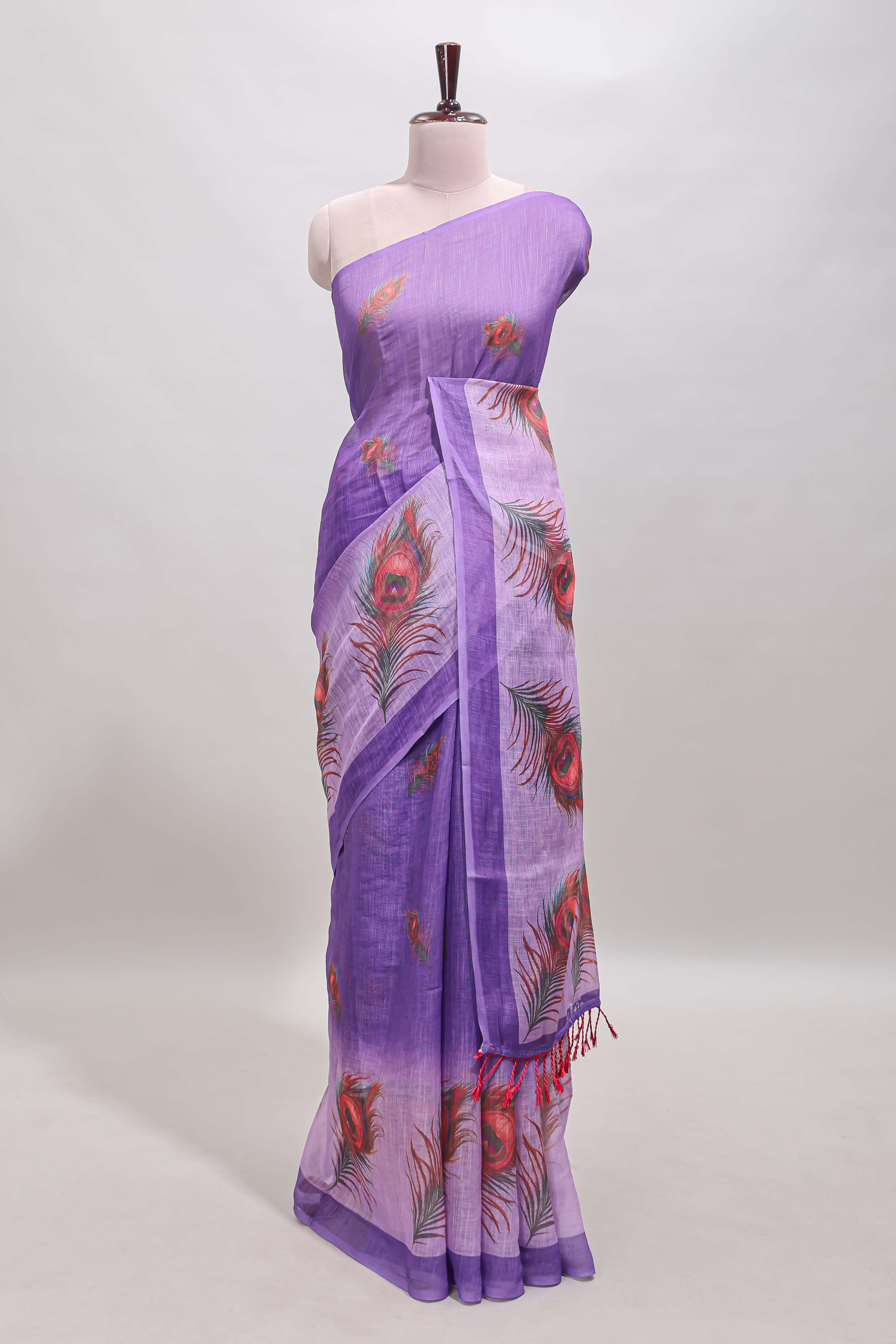 Violet peacock feather motifs linen cotton saree with self border and matching blouse
