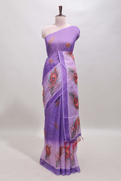 Violet peacock feather motifs linen cotton saree with self border and matching blouse