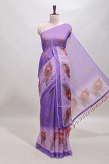 Violet peacock feather motifs linen cotton saree with self border and matching blouse