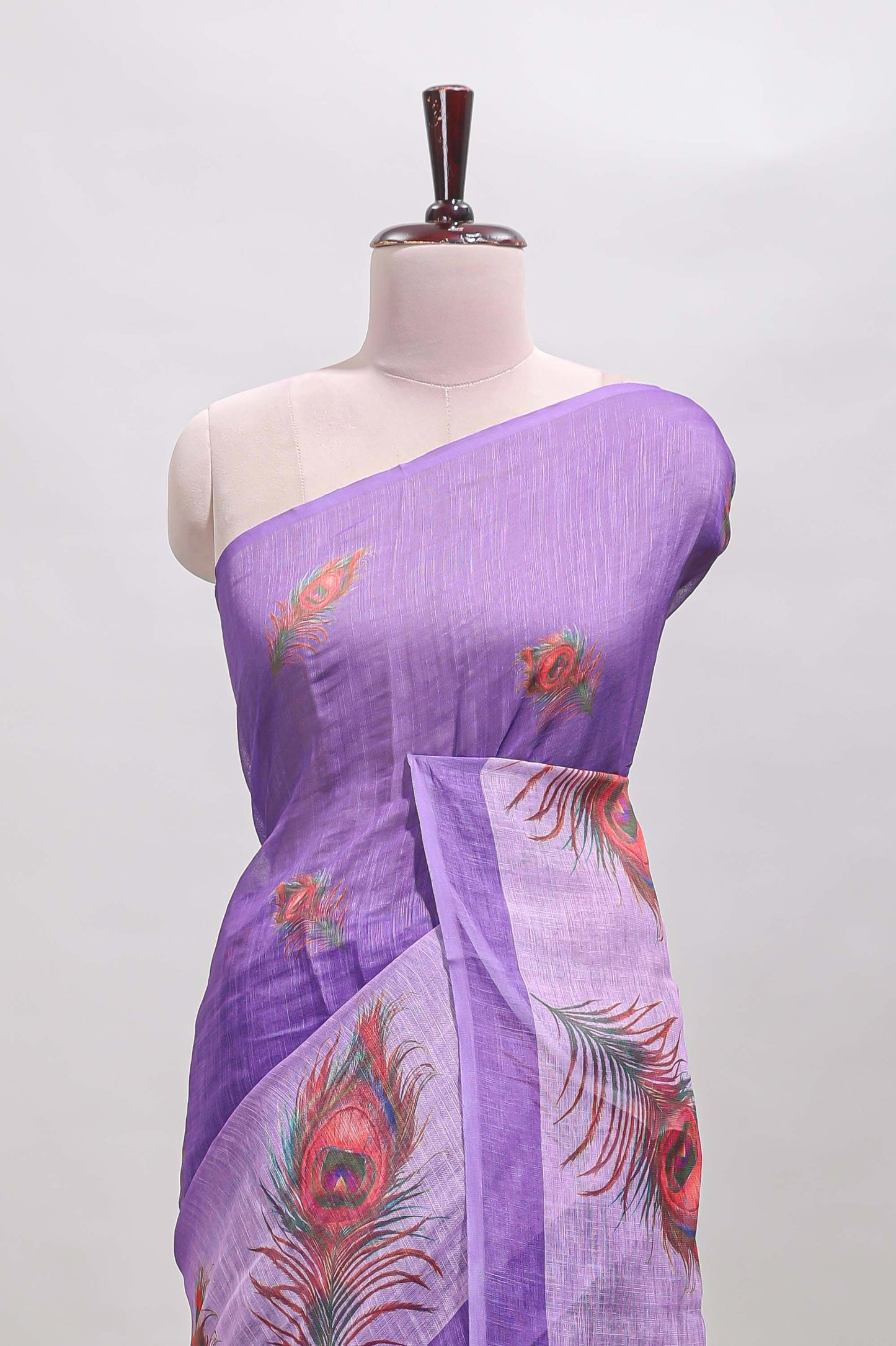 Violet peacock feather motifs linen cotton saree with self border and matching blouse