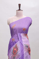 Violet peacock feather motifs linen cotton saree with self border and matching blouse