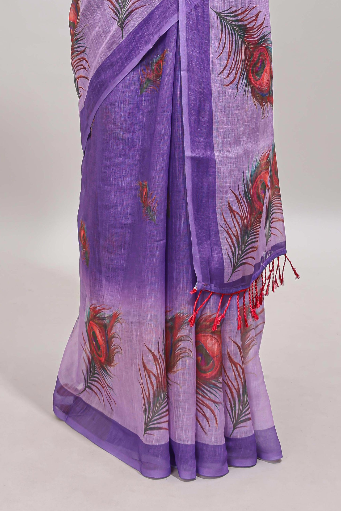 Violet peacock feather motifs linen cotton saree with self border and matching blouse