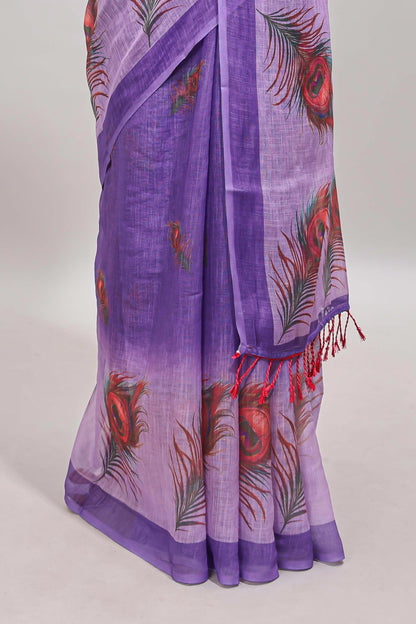 Violet peacock feather motifs linen cotton saree with self border and matching blouse
