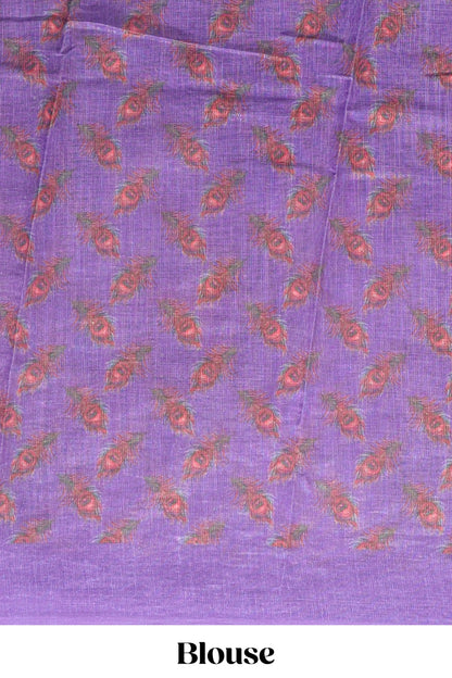 Violet peacock feather motifs linen cotton saree with self border and matching blouse
