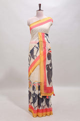 Beige artistic traditional tribal print linen cotton saree with contrast border and multi color blouse