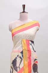 Beige artistic traditional tribal print linen cotton saree with contrast border and multi color blouse