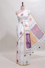 White floral design linen cotton saree with self zari border and contrast blouse