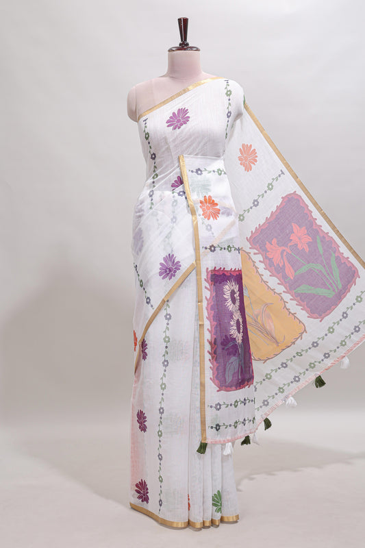 White floral design linen cotton saree with self zari border and contrast blouse
