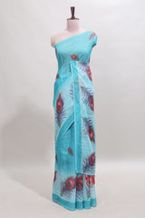 Sky blue floral design linen cotton saree with self zari border and matching blouse