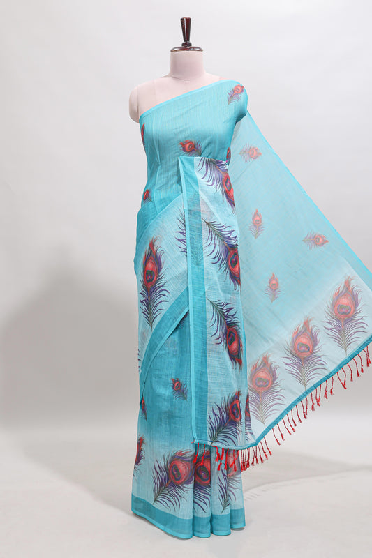 Sky blue floral design linen cotton saree with self zari border and matching blouse