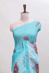 Sky blue floral design linen cotton saree with self zari border and matching blouse