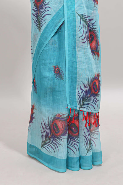 Sky blue floral design linen cotton saree with self zari border and matching blouse