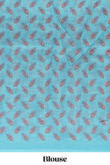 Sky blue floral design linen cotton saree with self zari border and matching blouse