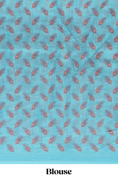 Sky blue floral design linen cotton saree with self zari border and matching blouse