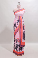 Light pink artistic traditional tribal print linen cotton saree with contrast border and striped blouse